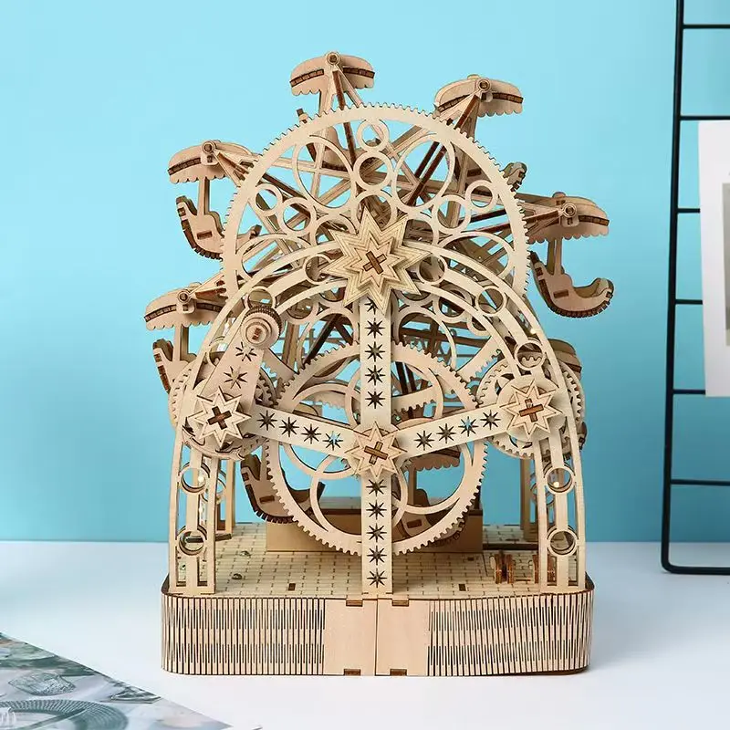 

3D Wooden Ferris Wheel Music Box Model Kit LED Hand Crank Rotatable Mechanical Assembly DIY Educational Toy Gift for Adults
