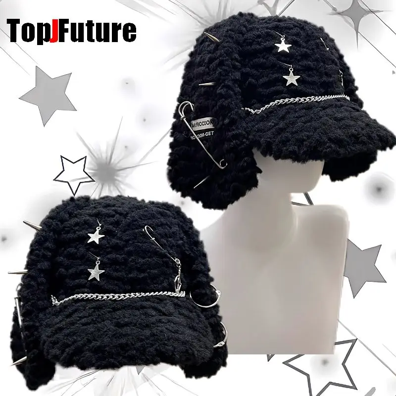 Harajuku Gothic Lolita Cat Ear Hat Women Punk stars Chain Subculture Spice Girl Beanie Hat Y2K Girls Star Chain Long eared hat