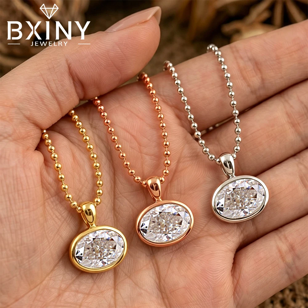 BXINY 2/3/4CT East West Oval Cut Moissanite Bead Chain Necklace S925 Silver Bezel Set Solitaire Diamond Pendant Gift Jewelry GRA