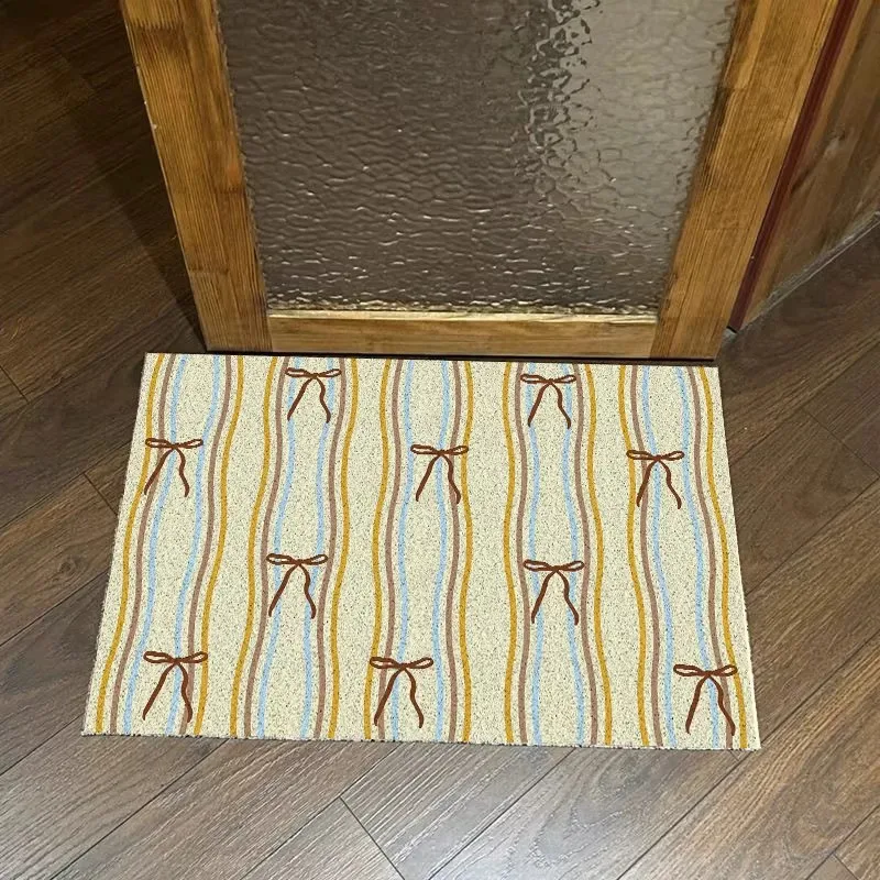 Retro PVC Welcome Doormat Korean Style Bows Mat Cuttable House Entrance Rug Carpet Anti Dust Pad Outdoor Aesthetic Home Decor