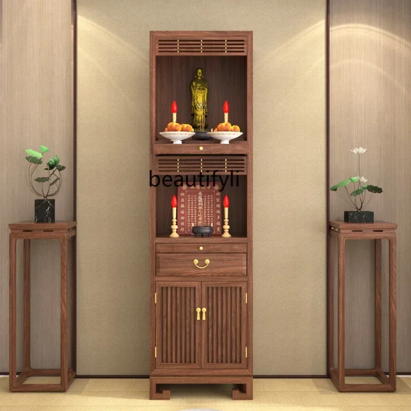

DD25Simple Buddha Niche with Door Household Double Layer Buddha Cabinet Black Walnut Solid Wood Clothes Closet