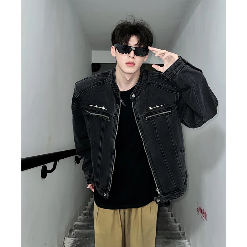 

Мужская джинсовая куртка Bla Zipper с подплечниками, весна-осень, в стиле High Street, крутая джинсовая куртка, высококачественная рабочая одежда, молодежная мода