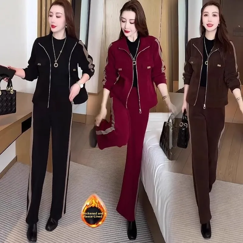 

Thickened Fleece Casual Sportswear Set for Women Winter New Style Classy Color Block Fashion Wide Leg Pants Two Piece Set