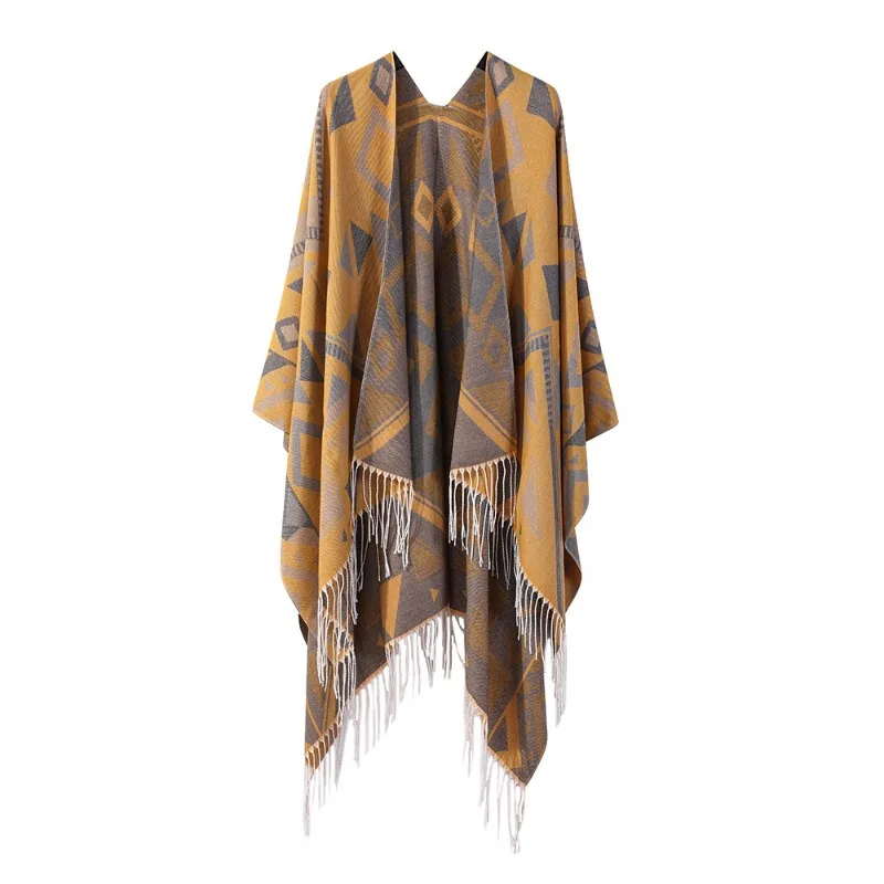 Split Style Shawl Top Imitation Cashmere Cloak Thickened Warm Cloak Geometric Fringe Scarf Fashionable Autumn Winter New