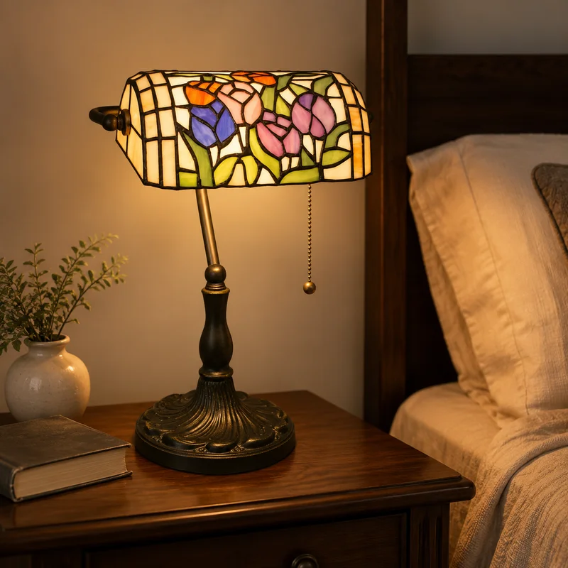 Vintage Classic Tiffany Stained Glass Banker Style Floral Pattern Pull Chain Bedside Bedroom Living Room Home Decor Table Lamp