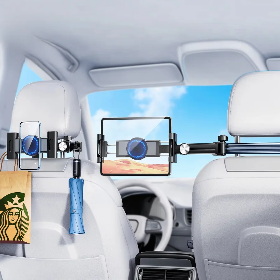 Eary Car Headrest Tablet Holder Mount Back Seat With 360°Rotate Phone Stand 2 Hooks Trip Essentials for Kids for 4.7-12.9 Inch