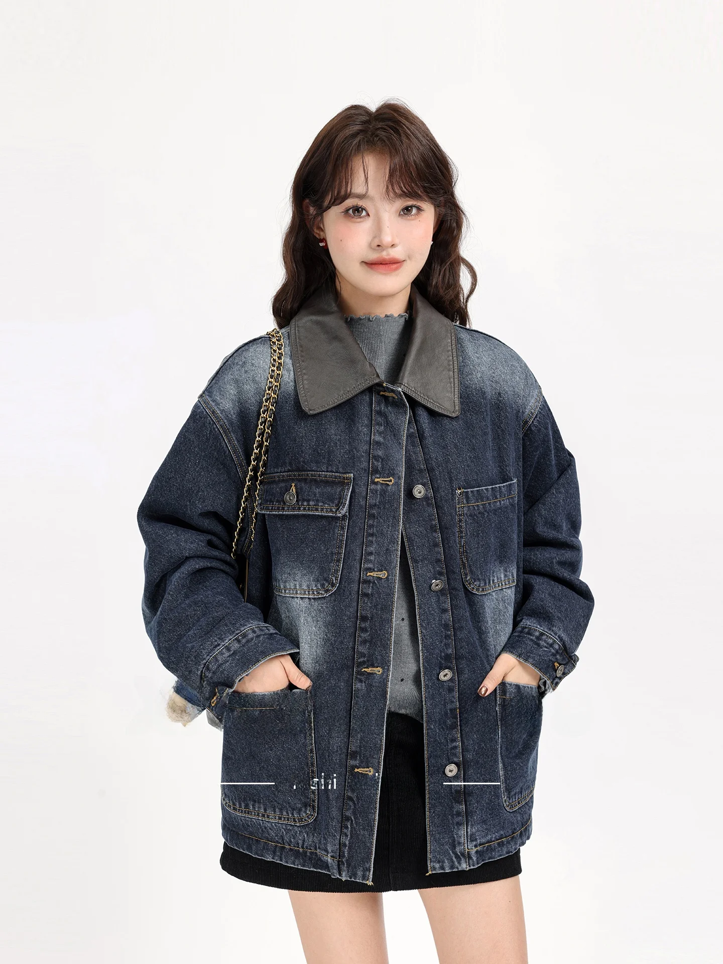 

Корейское джинсовое джинсовое пальто с воротником из искусственной кожи в стиле пэчворк, зимнее теплое утягивающее женское пальто