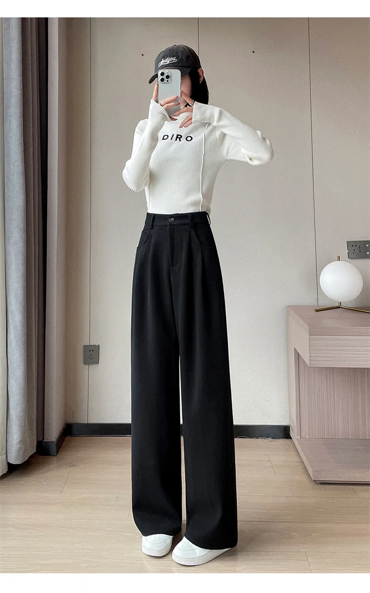 2023 Autumn and Winter New Wool Blended Wide-Leg Pants Straight Mopping Pants High Waist Slim Lengthened Casual Pants for Women