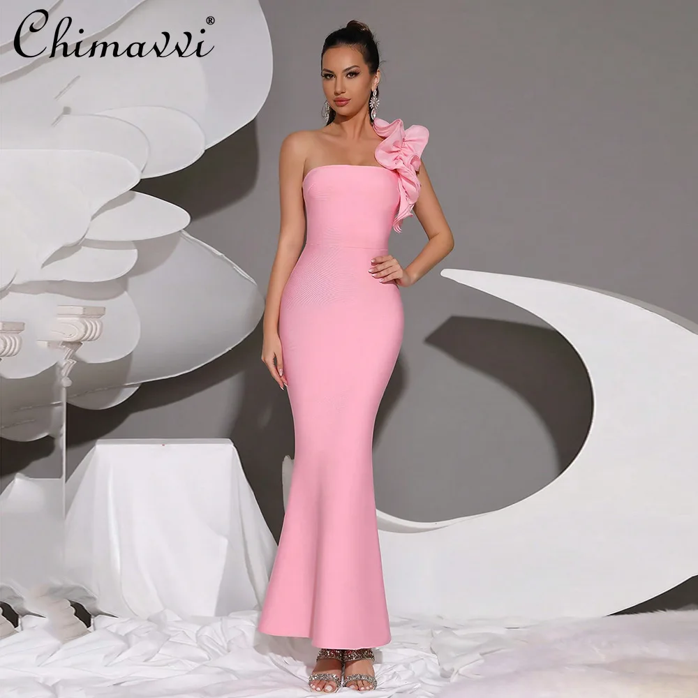 

American Style Elegant Hip-wrapped Bandage Dresses Single Shoulder High Waist Slim Fit Bodycon Evening Party Long Dress Women