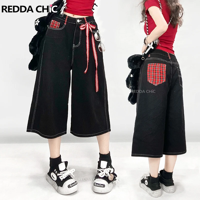 ReddaChic Low Waist Red Plaid Denim Shorts Women Patchwork Retro Black Wide Leg Cropped Jeans Baggy Jorts Casual Summer Clothes