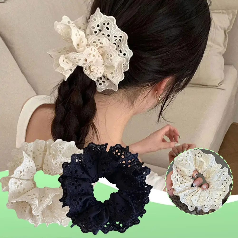 Scrunchies de renda para mulheres, elásticos de cabelo, rabo de cavalo cor sólida aro de borracha anel de cabelo