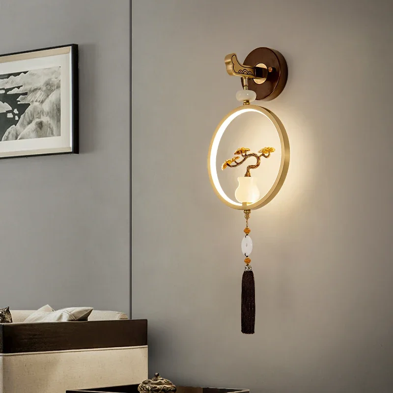 Nowa lampa z litego drewna i miedzi, nowy chiński salon, ściana tła TV, chińska lampa ścienna, lampka nocna do sypialni, lampa dekoracyjna