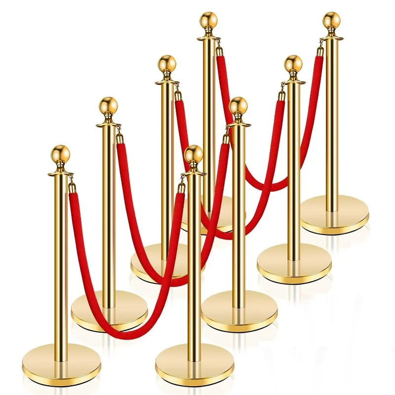 8 PCS Stainless Steel Stanchion Post Queue 5 ft Red Velvet Rope Red Carpet Ropes and Poles Crowd Control Barriers（Gold）