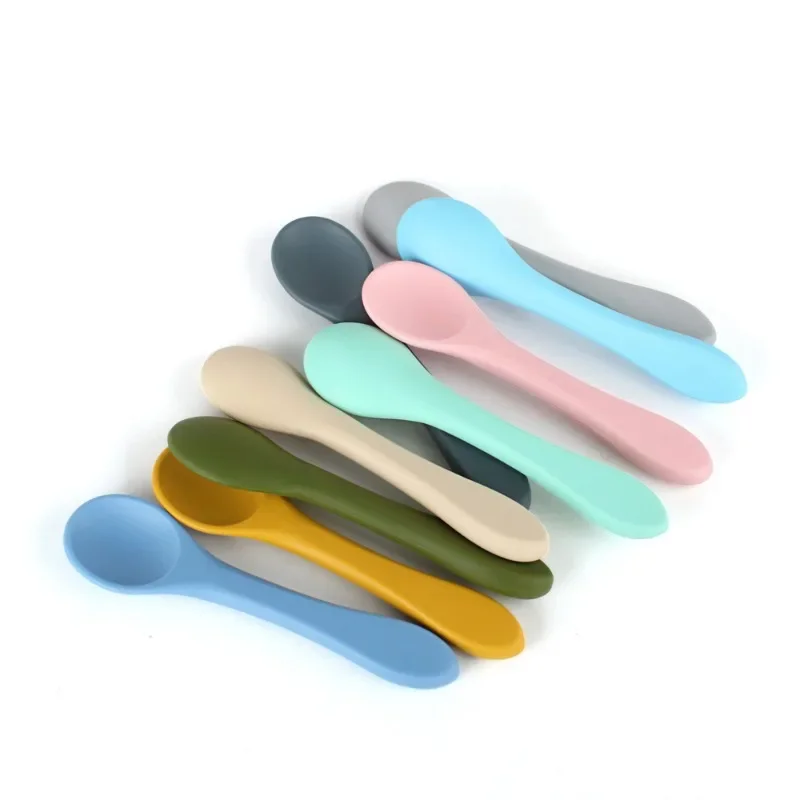 Baby Spoons Soft Silicone BPA Free Food Grade Safety Solid Color Utensils Dishes Feeding Tool Kids Boy Girl Learning Cute Spoon