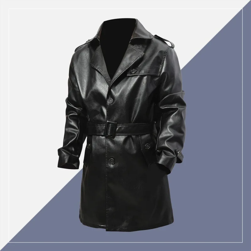 الخريف الرجال سترة جلدية جديد منتصف طول حزام رفض طوق الذكور سترة واقية بلون طويلة الأكمام معطف رجل مقاوم للماء #5