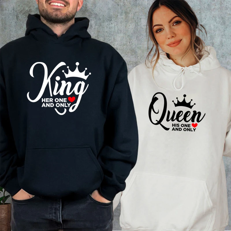 

King Her/Queen His One and Only Print Hoodies Autumn Lover Sweatshirts Women Men Funny Loose Hooded Harajuku Crown Couple Hoodie