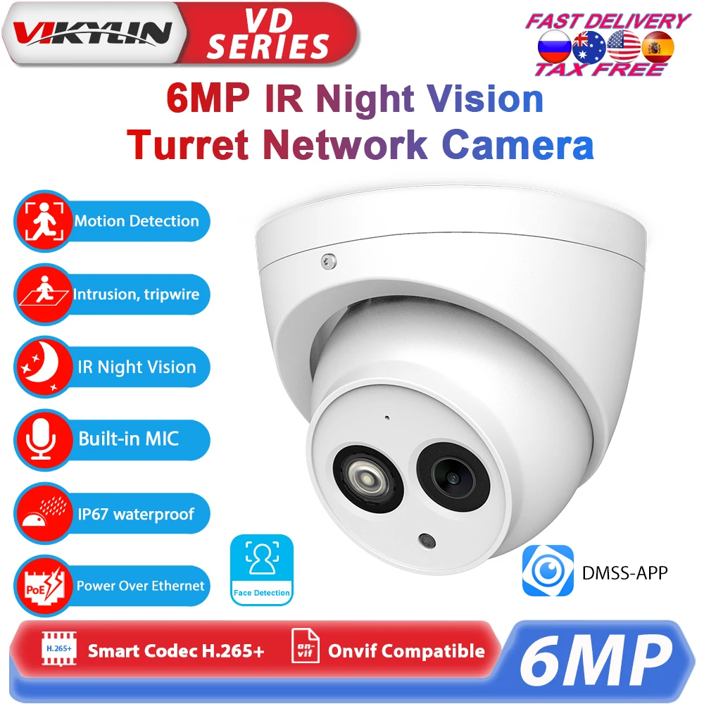 Vikylin 6MP IR Night Vision IP Camera for dahua OEM IVS Face Detection with MIC Onvif IP67 POE Security Camera Home CCTV H.265+