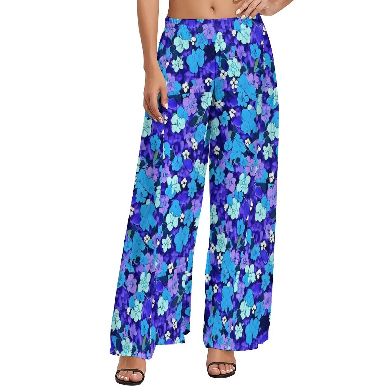 

Blue Flower Pants Ditsy Floral Print Workout Wide Pants Ladies Oversize Streetwear Graphic Straight Trousers