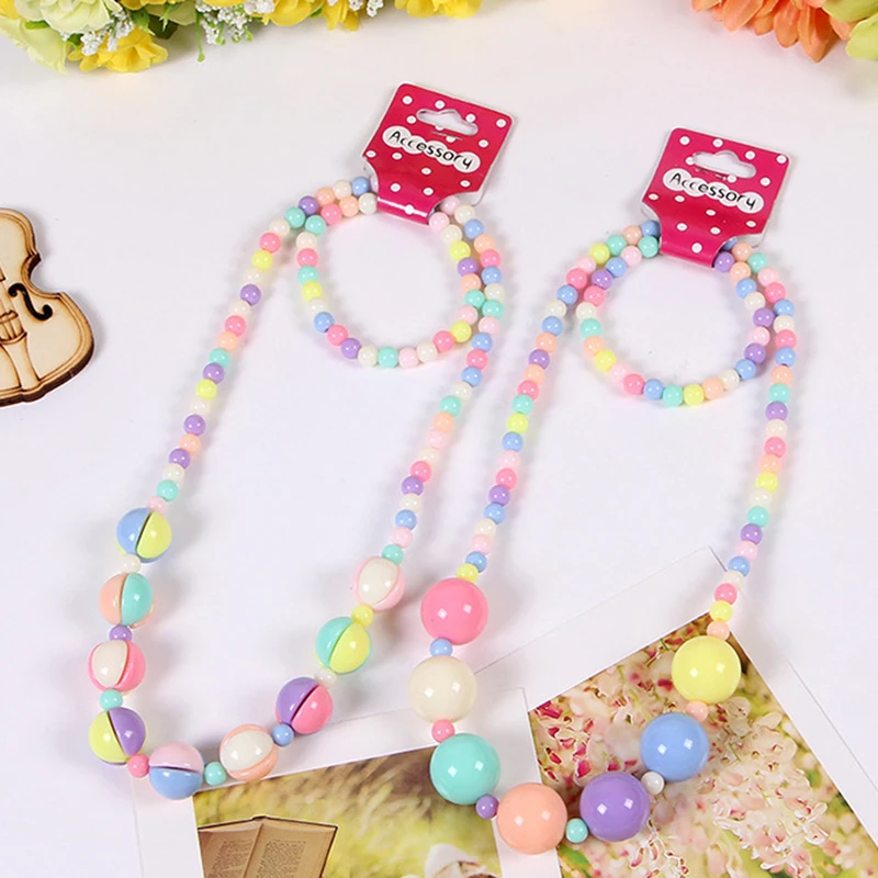 2pcs/set Candy Color Beads Jewelry Cute Flower Bow Strawberry Necklace Bracelet Sets for Kids Party Jewelry Girl Birthday Gift