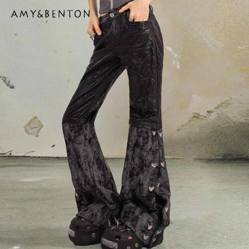 

Original Design Gothic Punk Wrinkled Leather Splicing Women's Trousers Autumn New Sweet Cool Sexy Hot Girl Long Pants Ladies