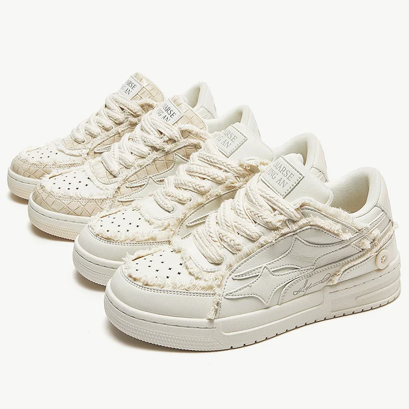 Zapatos de skate para hombre y mujer, todo Color blanco, talla 35-46, diseño de borde de borla, zapatos para caminar a diario, zapatos para correr con cordones