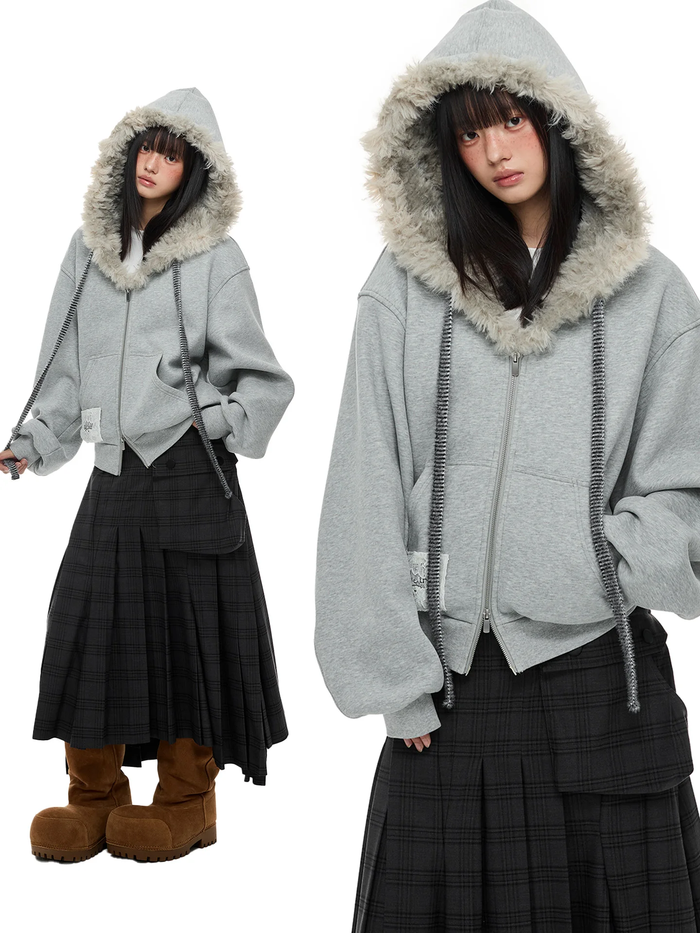 

JIKOO ey Fce Lined Loose Hooded Jaet Women's Winter Coat with Fur Collar Long Sve Zipper Closure Commute Sle