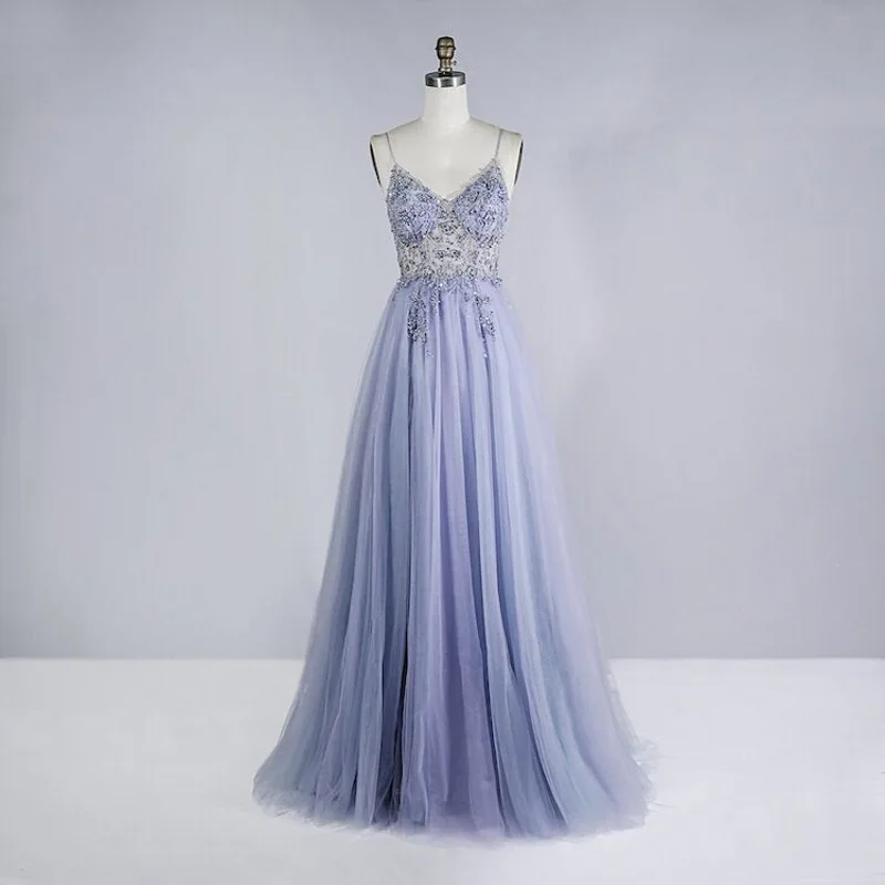 2024 Long Sexy See Through Beaded Crystal Prom Dresses a-line Split Tulle con scollo a V Spaghetti Strap abito da sera formale