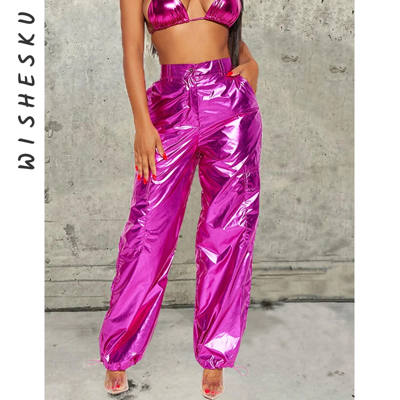 Women High Waist Ruched Harem Pants Sexy Metallic Gold Casual Baggy Trousers 2023 Spring Fall Fairy Grunge Clothes