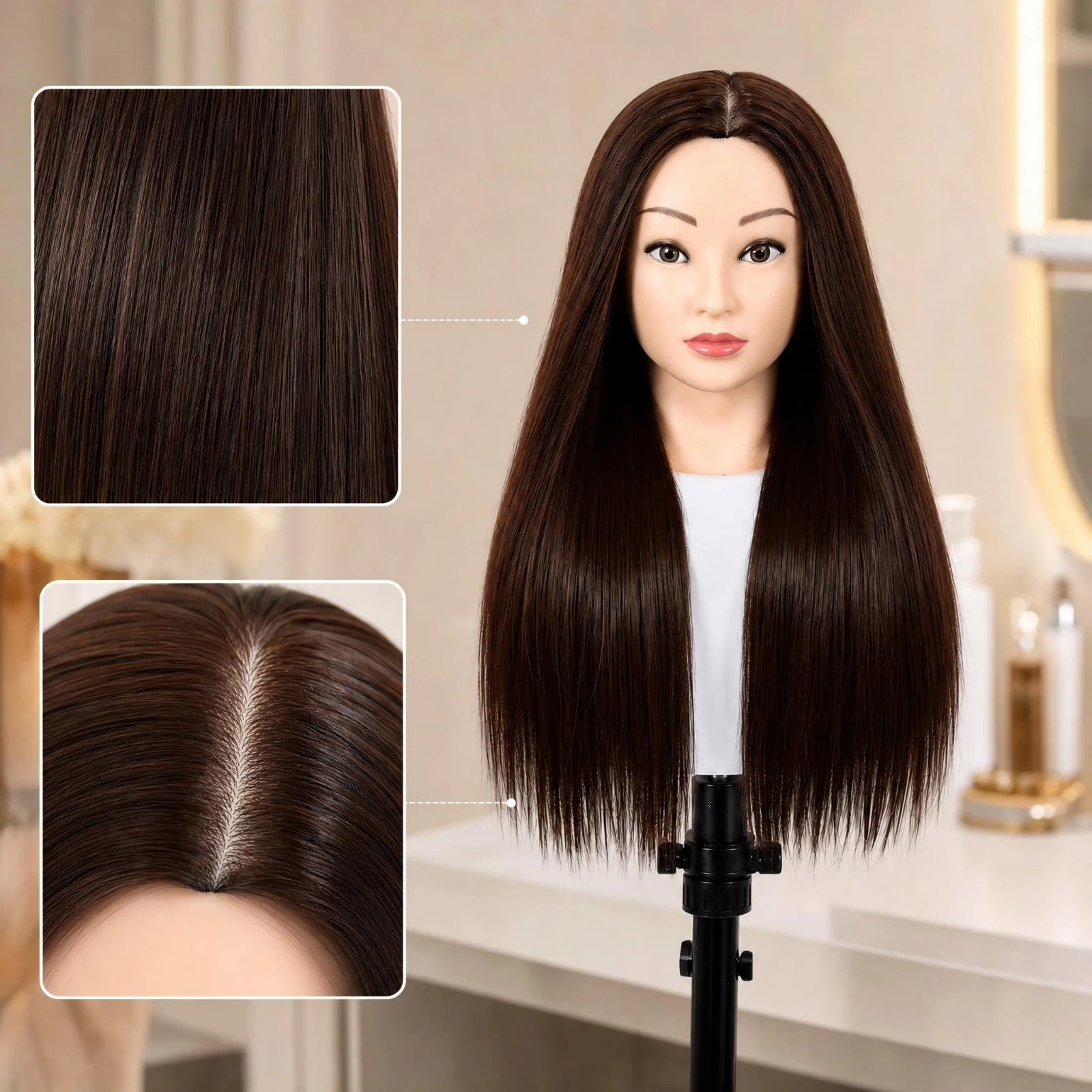 Hairdressing Mannequin Head 16-Inch Human Hair Mannequin Head Straight Brown for Hairdressers, Braiding Practice, Salon Training