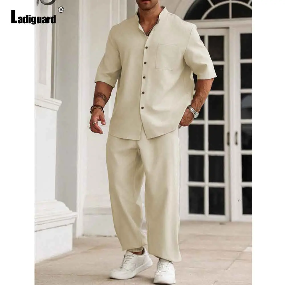 

Men Casual Fashion Two Piece Sets 2025 Europe Style Mandarin Collar Blouse and Straight Leg Pants Suit Male Beach Tracksuits Set
