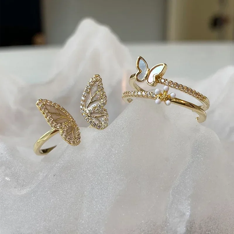 

Korean Style Gold Color Butterfly Fritillaria Ring for Women Girl Zircon Stone Double Layer Fine Jewelry 925 Stamp Wholesale