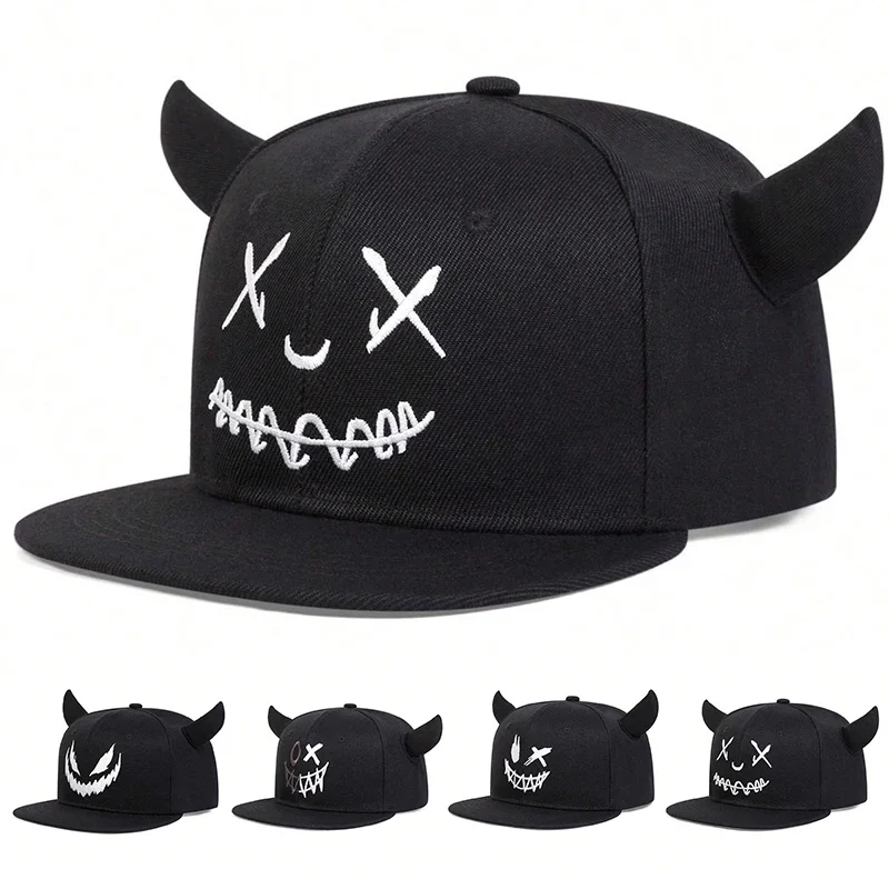 Unisex Smiling Face And Cow Horn Hip-hop Hats Spring And Autumn Outdoor Adjustable Sports Casual Baseball Caps Sunscreen Hat