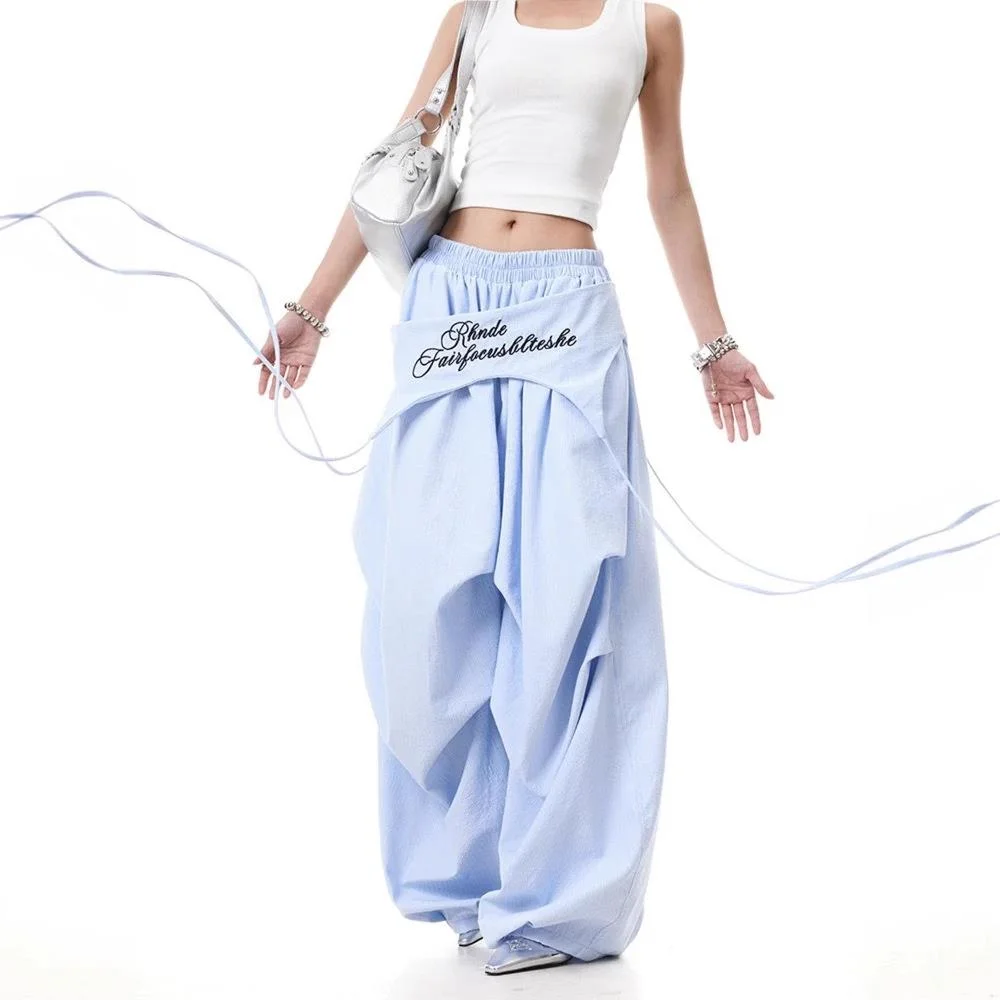 

Брюки-парашюты женские регулируемые весенние муслиновые широкие брюки милый стиль для девочек на открытом воздухе дышащие лоскутные завязки-карго повседневные