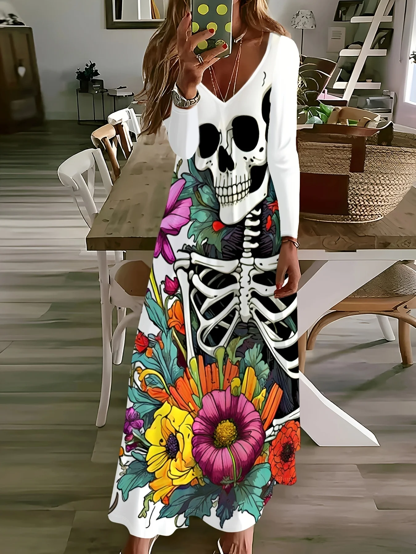 

Женское платье с длинным рукавом, V-образным вырезом, цветочным принтом и узором в виде скелетов, в отпускном стиле, повседневное летнее платье А-силуэта миди