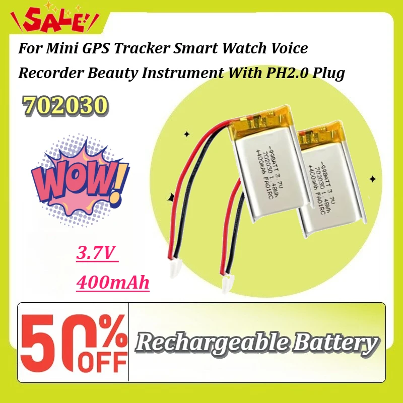 702030 3.7V 400mAh PH2.0 2Pin Rechargeable Li-Polymer Battery For Mini GPS Tracker Smart Watch Voice Recorder Beauty Instrument
