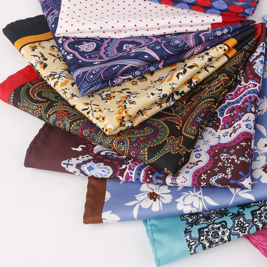 30cm Fashion Mens Handkerchif Simulated Silk Floral Printed Handkerchief Luxury Polka Dots Hanky Groom Suit Chest Towel Cravat