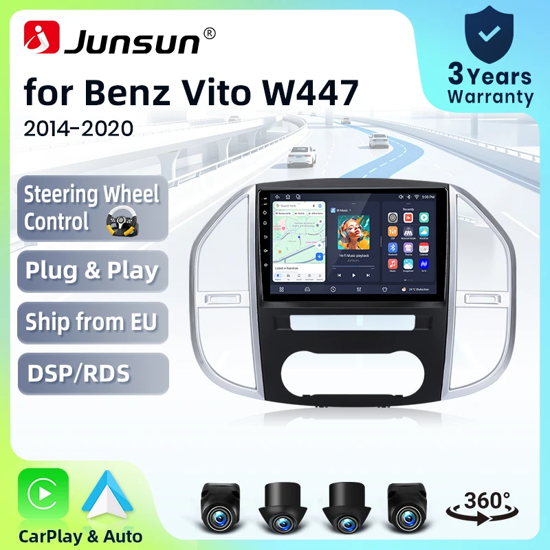 Autoradio Junsun sans fil CarPlay Android Auto pour Mercedes-Benz Vito / V-Class (W447) 2014-2020 avec ventilateur de refroidissement intégré, navigation GPS Android, lecteur multimédia, WiFi, DSP, RDS, BT, SWC, écran tactile IPS, autoradio, lecteur vidéo, unité centrale stéréo