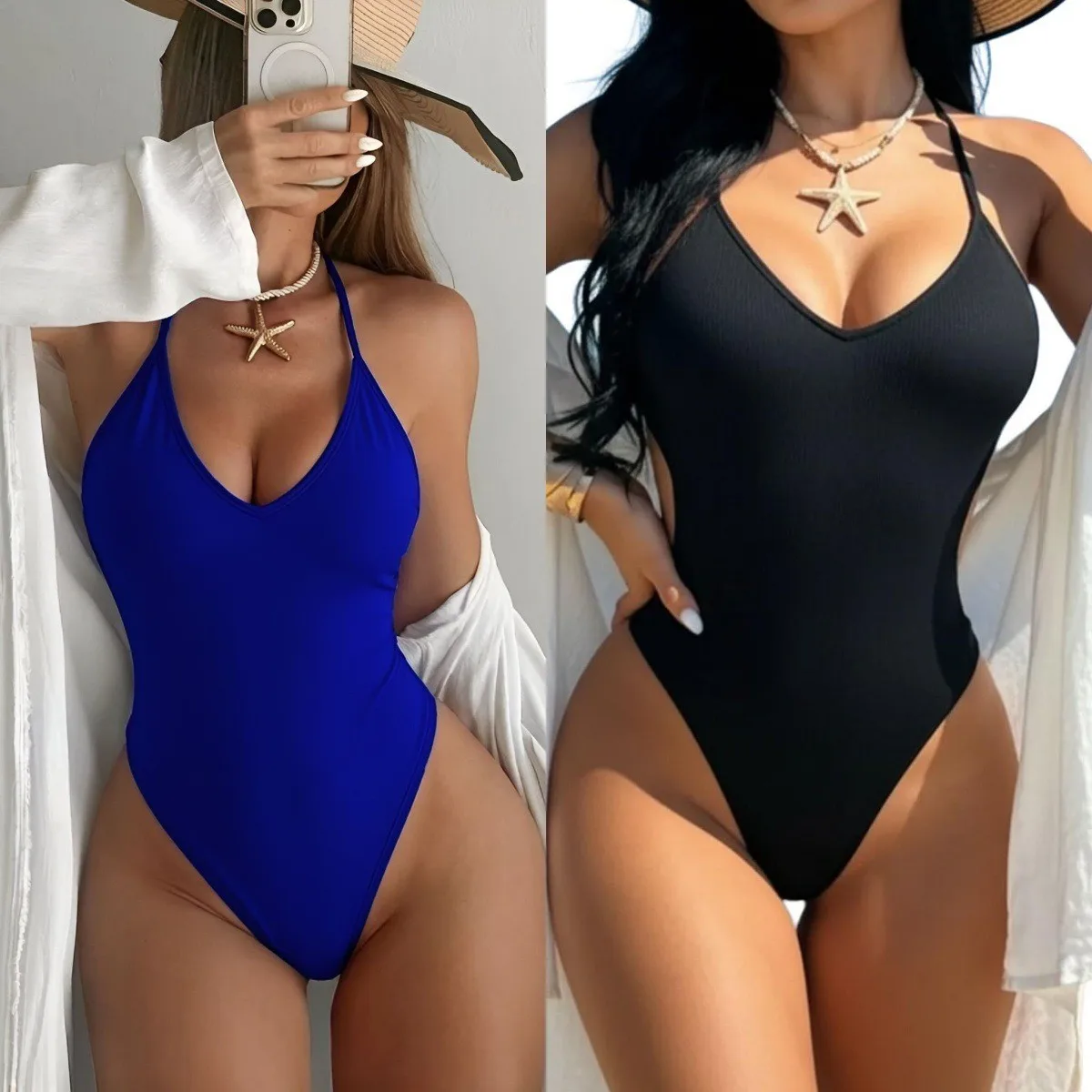 

2026 Bikini Sets For Woman Backless Solid Color Bikinis Deep V Neck High Cut Leg Swimwear Black Side Cut Out Ribbed Texture Two
