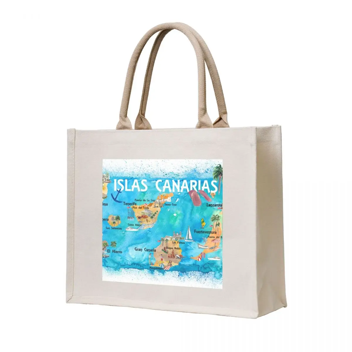 

Canary Islands Illustrated Travel Map with Tenerife, Gran Canary, Lanzarote, Fuerteventura La Palma Gomera and Hierro Tote Bag