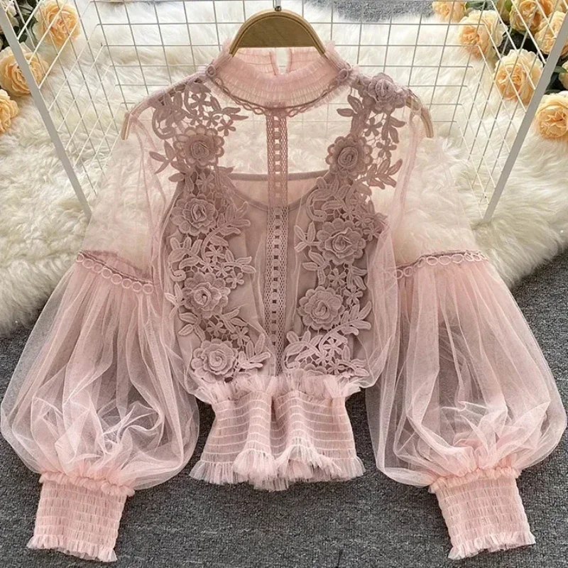 Lace Puff Long Sleeve Blouse Vintage Fashion Blouses Elegant Femme Blusas Korean Woman Tops Women Shirts Clothing Dropshipping