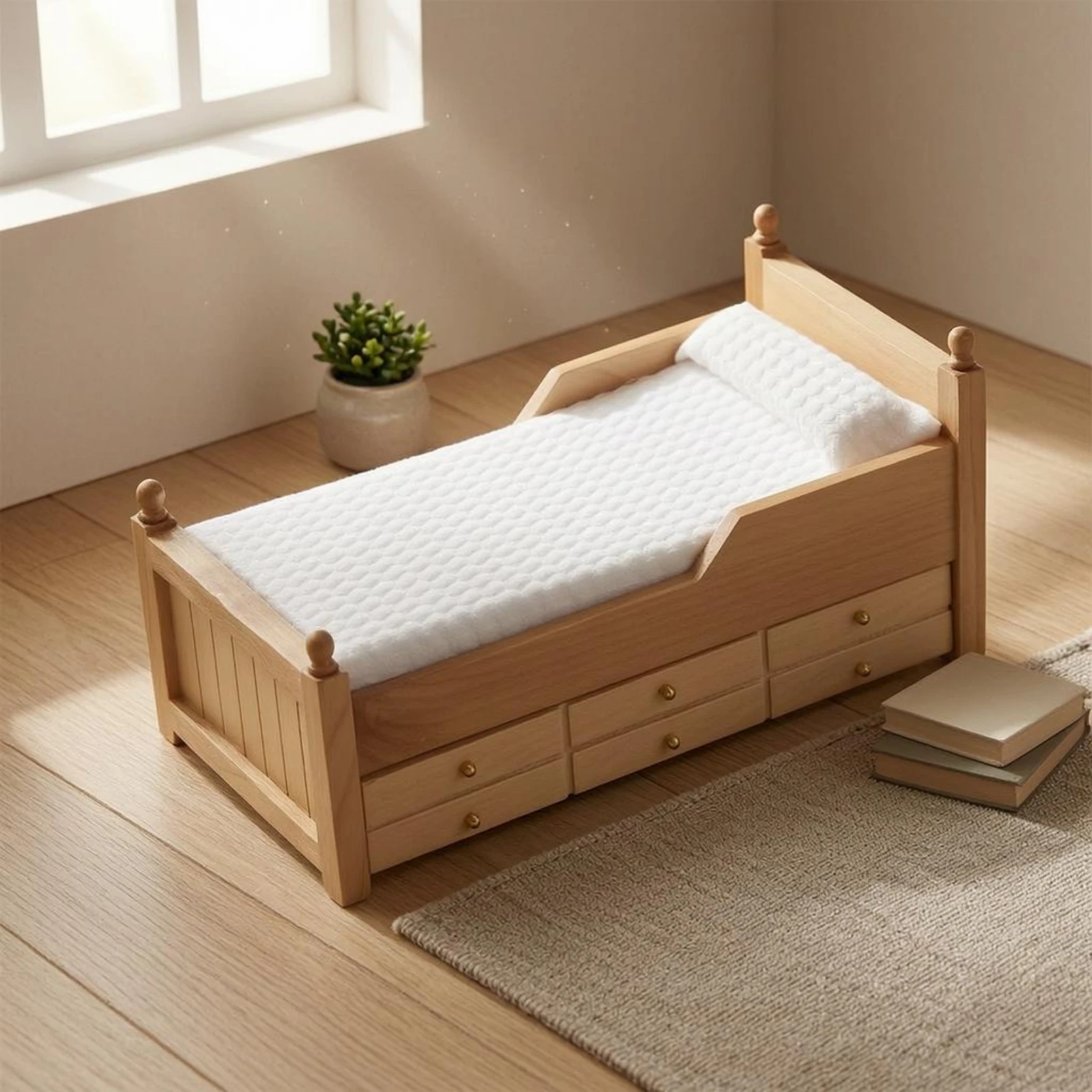 OB11 Dollhouse Bed Slatted Design Four-Poster Dollhouse Bed White Bedding Ready to Place