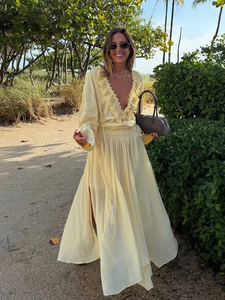 BWQ Vrouwen Elegante Rok Pak Effen Lange Mouwen Kant Los Shirt + Rits Geplooide Trekkoord Decoratie Casual Lange Rok set 2025