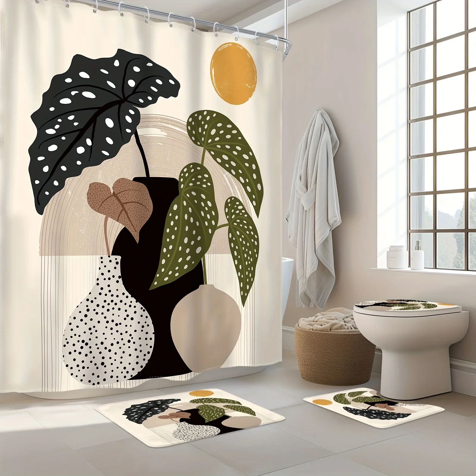 

4pcs - Abstract Leaves Shower Curtain Set with Hooks, Toilet U-Shaped Mat, Toilet Seat Mat, Bathroom Decor and Accessories