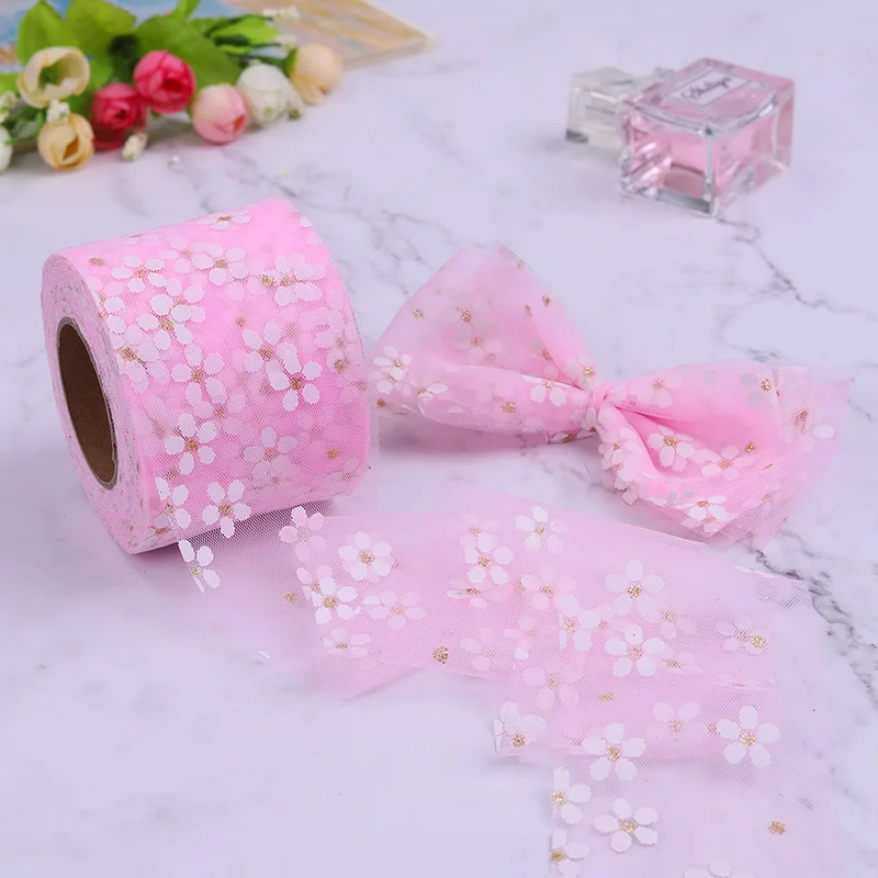 6/8cm 5Yards Floret Tulle Daisy Ribbon Roll DIY Handmade Craft Hair Ornament Baking Cherry Blossoms Printed Mesh Fabric Supplies