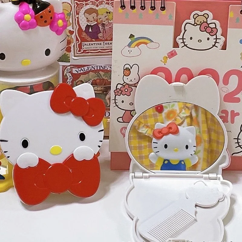 New Cartoon Hello Kitty Mirror Kawaii Mini Portable Fold Anime Comb Creative Anime Products Cosmetic Mirror Cute Girl Gifts Toys