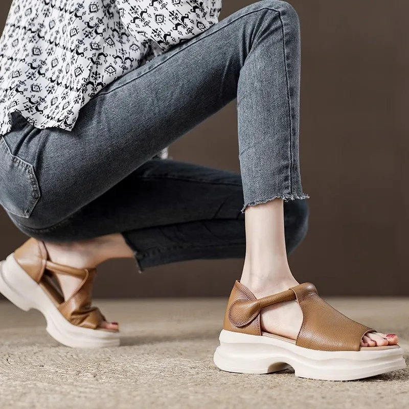 Sandales d'été en cuir pour femmes, plateforme de pause, sac rétro, talon, sandales romaines, chaussures à bouche de poisson, pantoufles de plage à bout ouvert, nouvelle collection 2025