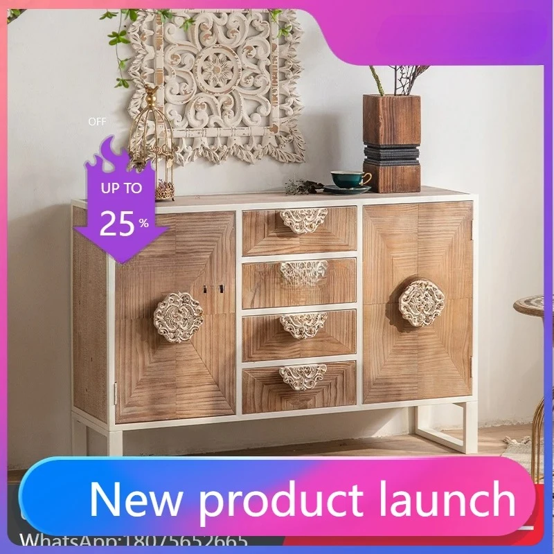retro solid wood chest, living room old engraved dining side entrance multi-functional storage cabinet