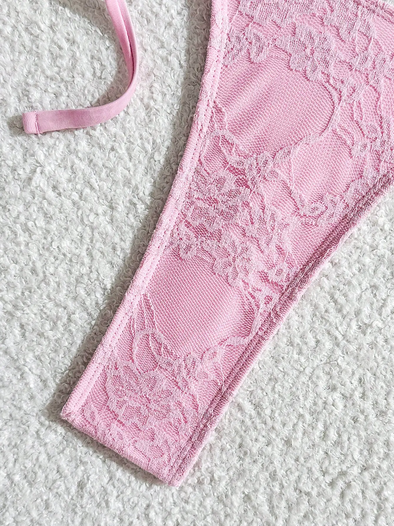 

Pink Lace 3 Piece Bikini Set With Flounce Hem Mini Skirt Triangle Top Thong