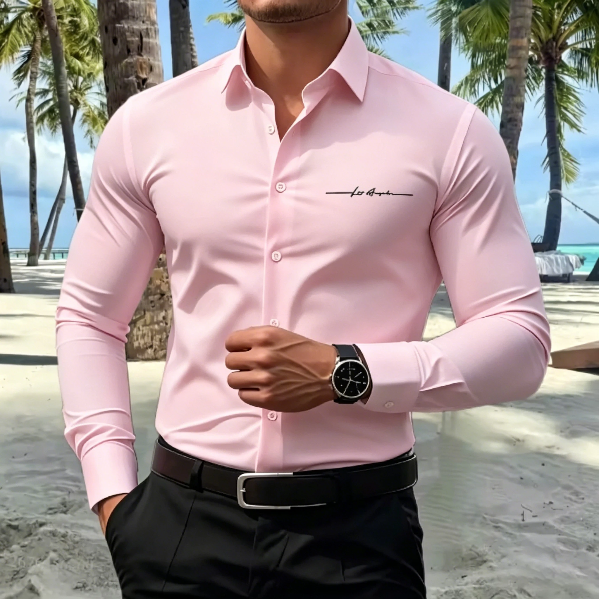 Men's Business Casual Shirt With Signature Print Long Sleeve Slim Fit Button Up Formal Office Blouse For Daily Wear