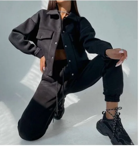 Women Two Pieces Pant Sets Single Breasted Jacket Solid Coat Drawstring Pants Suit Thick Warm Jackets Casual Lady Regular